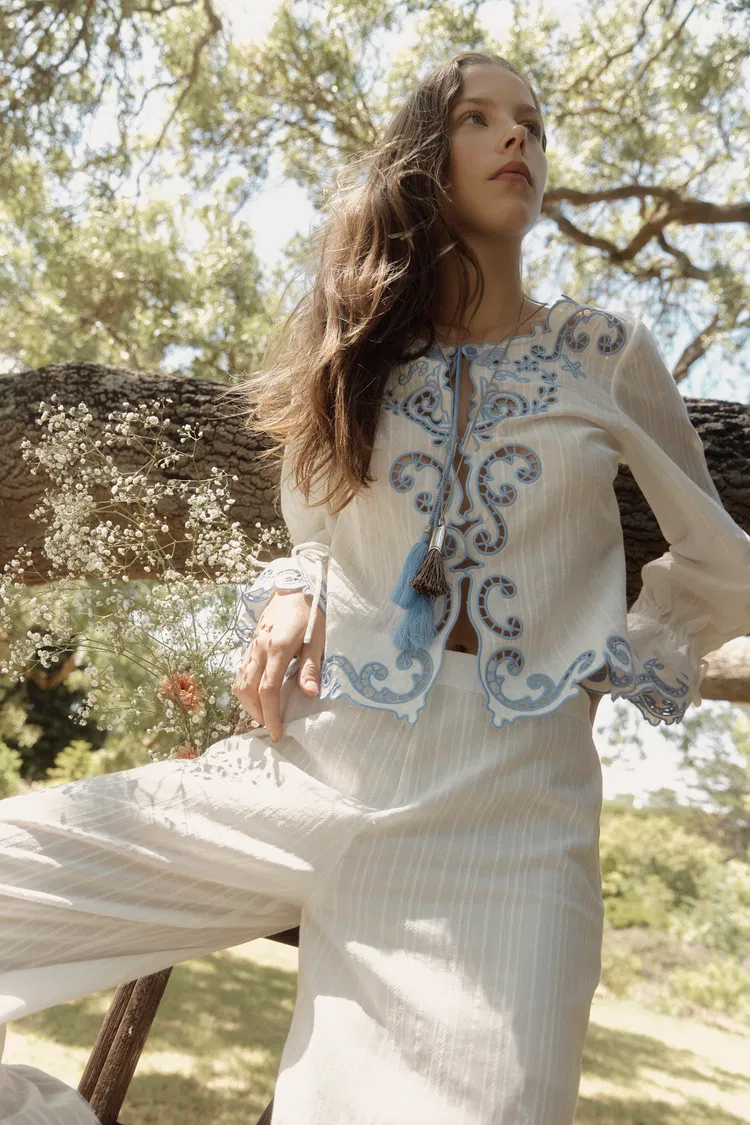 Maggie Embroidery Resort Wear Tie Front Sheer Shirt in Cotton Jacquard