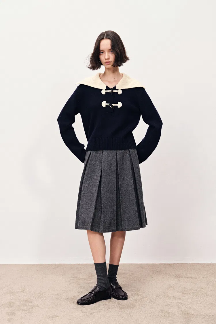 Lena Lapel Leather Duffle Sweater in Chunky Merino Wool