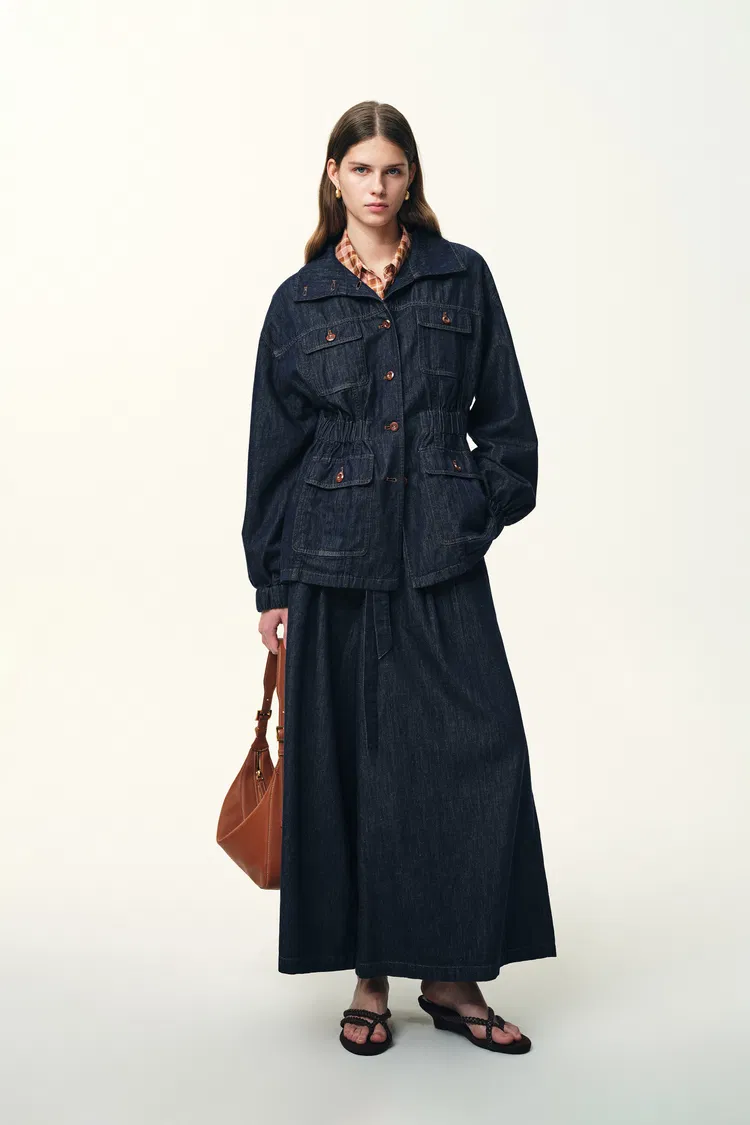 Solene Utility Style Fitted Denim Jacket and Jeans Matching Set in Hemp-Blend Denim