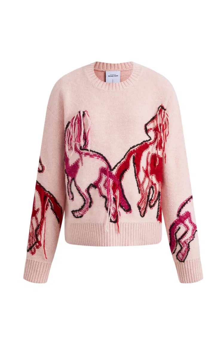 Charlotte Hand Worked Pony Stitching Sweater in Wool Angora Raccoon Knit