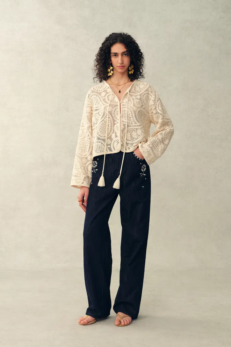 Hazel Crochet Paisley Sheer Tassel Tie Blouse in 100% Cotton with Lace