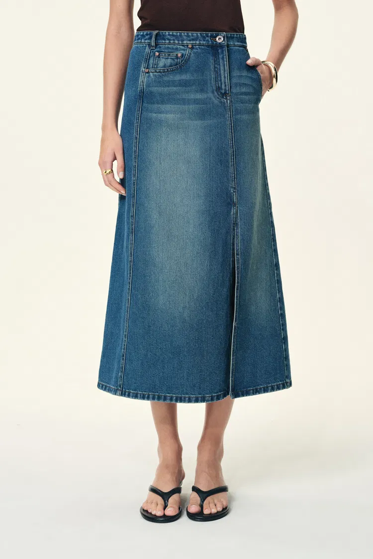 Elaria Asymmetric Front A Line Side Slit Denim Skirt in Cotton Denim