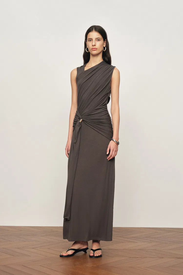 Delilah Gray Asymmetric Draped Sleeveless Dress in wool Blend Knit