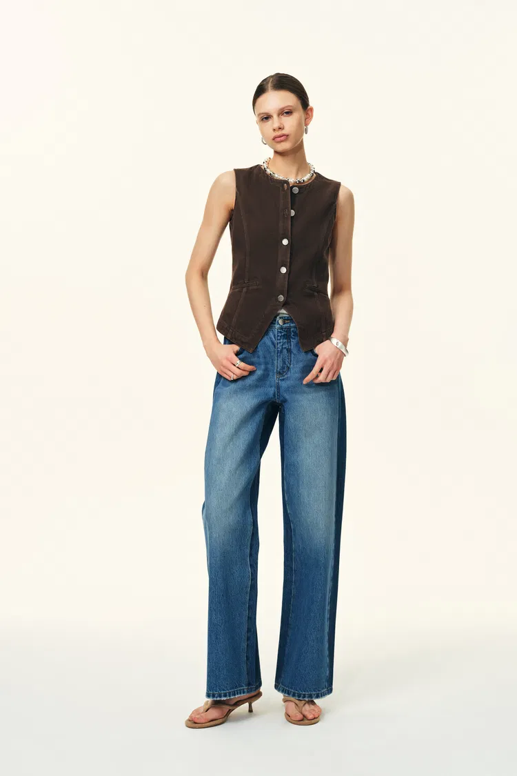 Elodie Fitted Round Neck Sleeveless Vest Top in Thin Denim