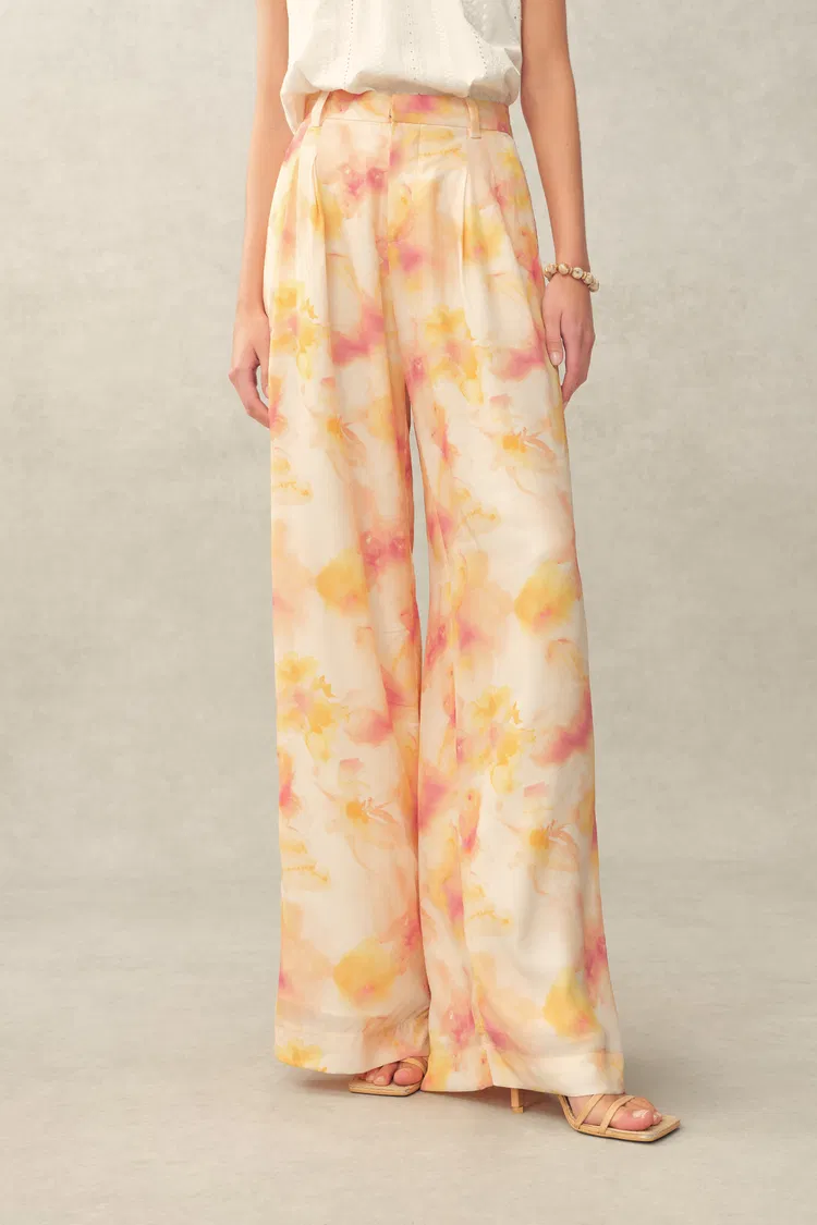 Bella Handpainted Floral Wide Leg Pants in Silk Double Crepe