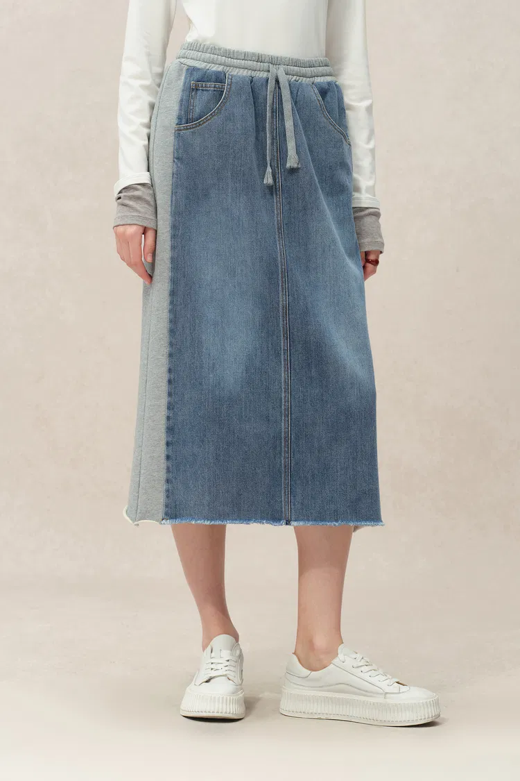 Elvin Patchwork Midi Skirt in Cotton Denim - Deeper Blue Washed