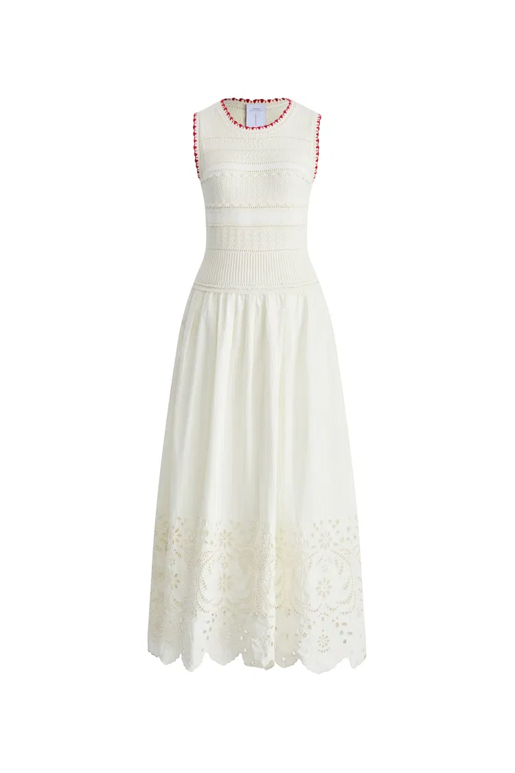 Charlie Mix Media Hand-Embroidered Trim Dress in Cotton-Cashmere and Cotton