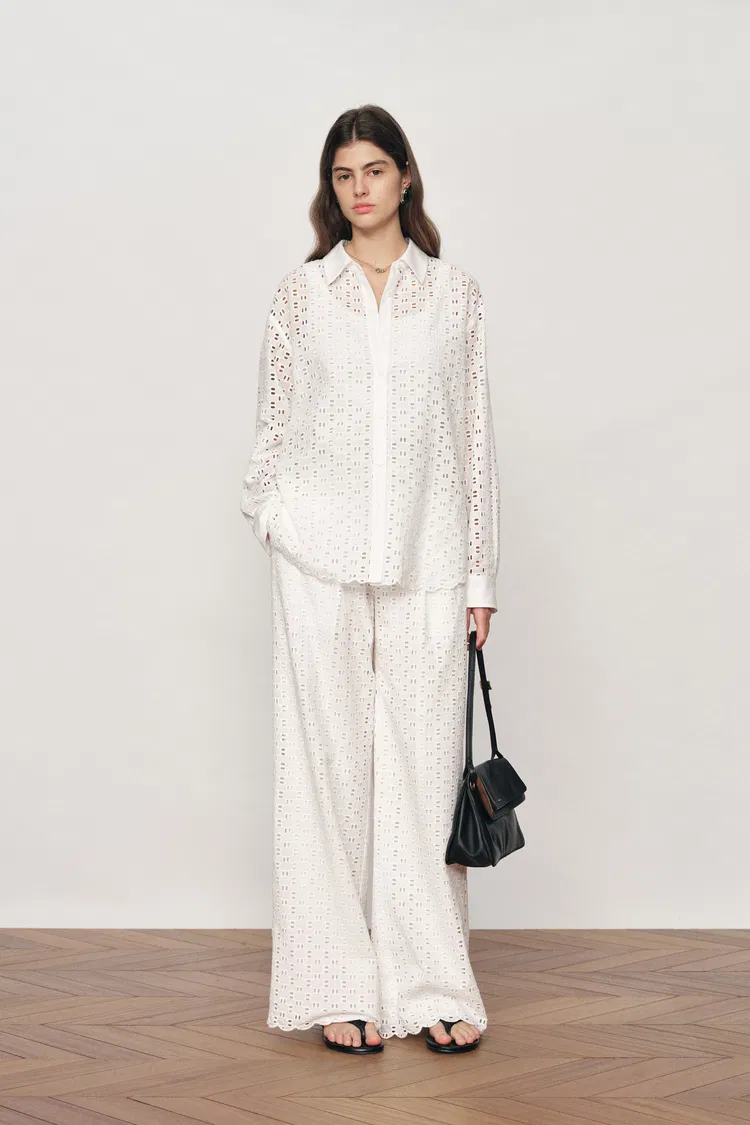 Eliana Cutwork Embroidery Point Collar Shirt and Pants Set in Cotton