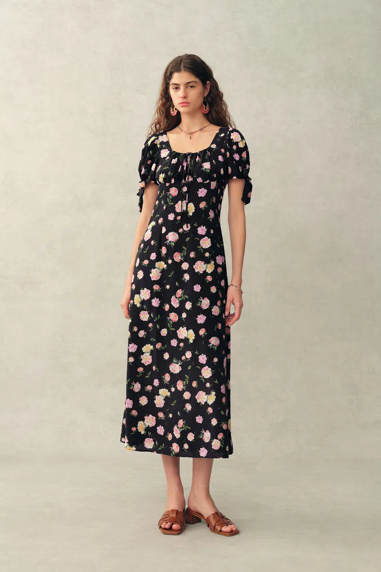 Manon Floral Adjustable Tie-Sleeve Dress in Stretch Silk Crepe de Chine