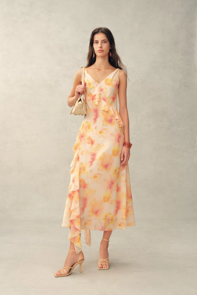 Linda Handpainted Floral Ruffle Sleeveless Dress in Lightweight Chiffon