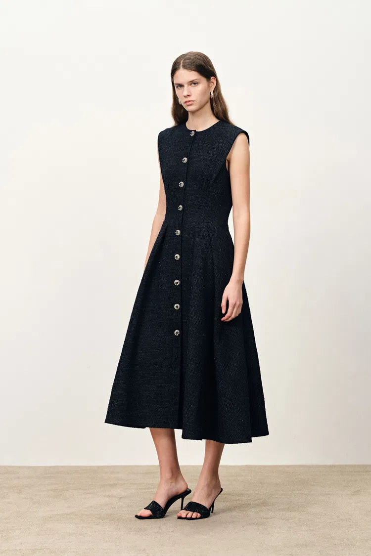 Rosie Lapel Tweed Cinched Dress in French Bouclé