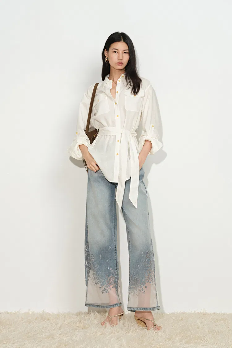 Faye White Belted Roll Tab Sleeves Safari Blouse