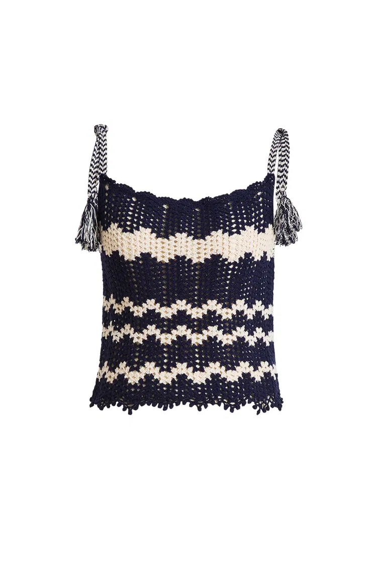 Cecilia Handcrafted Contrast Crochet Strap Sleeveless Top in Cotton-Linen Blend