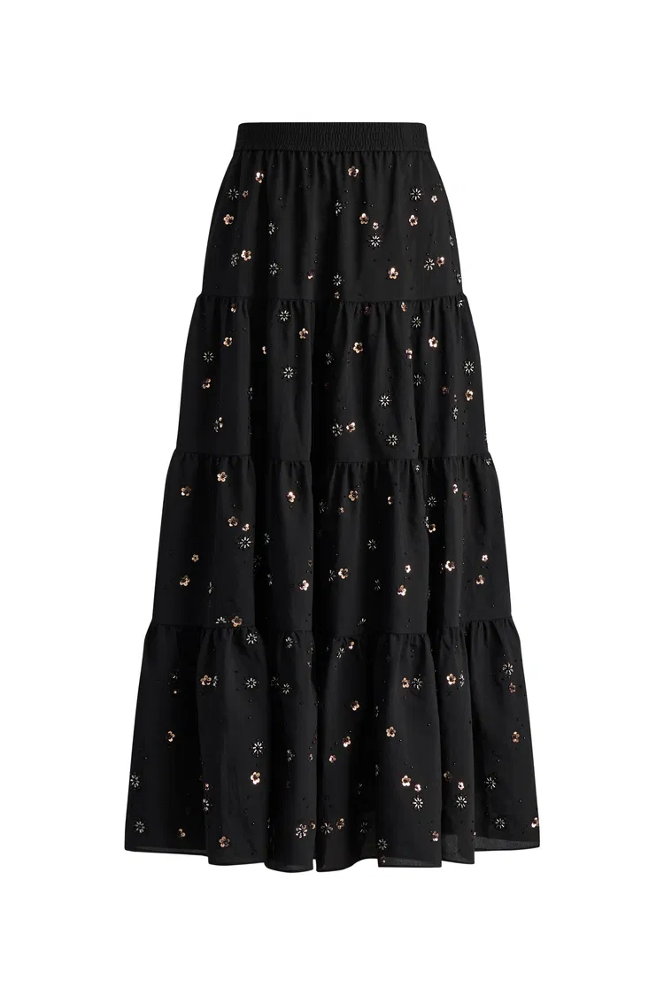 Emily Hand Beaded Sequin Embroidered Maxi Skirt in Beaded Wool Blend
