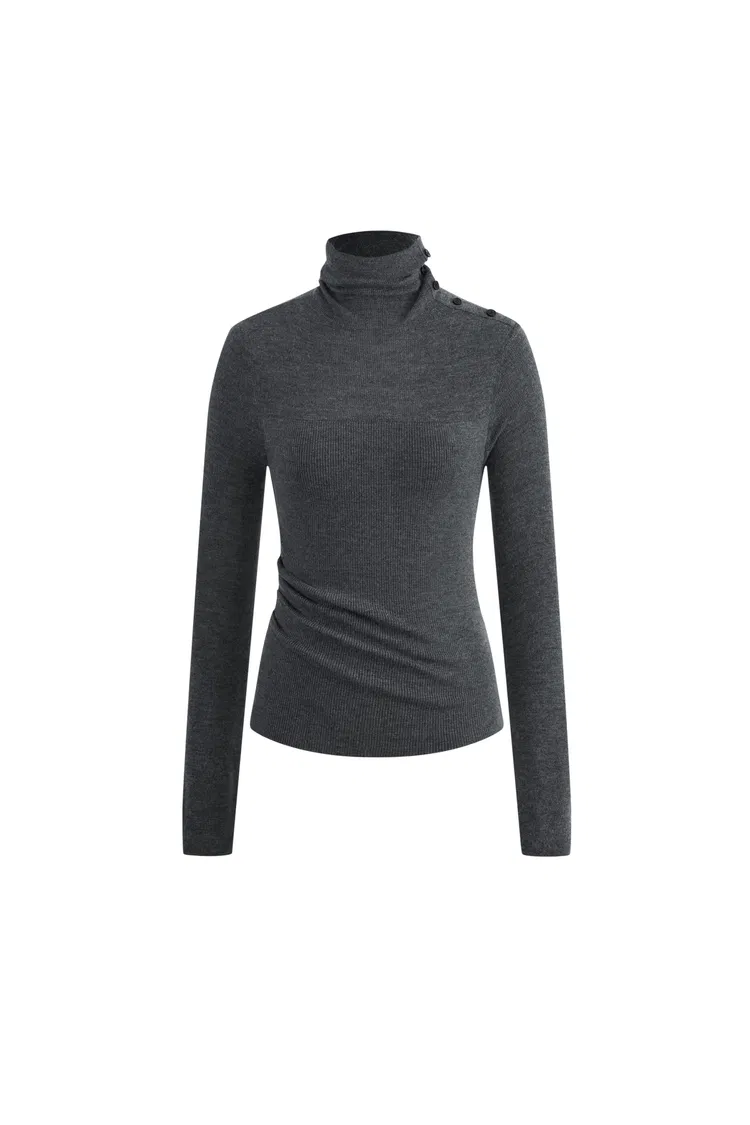 Lumina Semi Sheer Shoulder Turtleneck Undershirt in Merino Wool Rib Knit