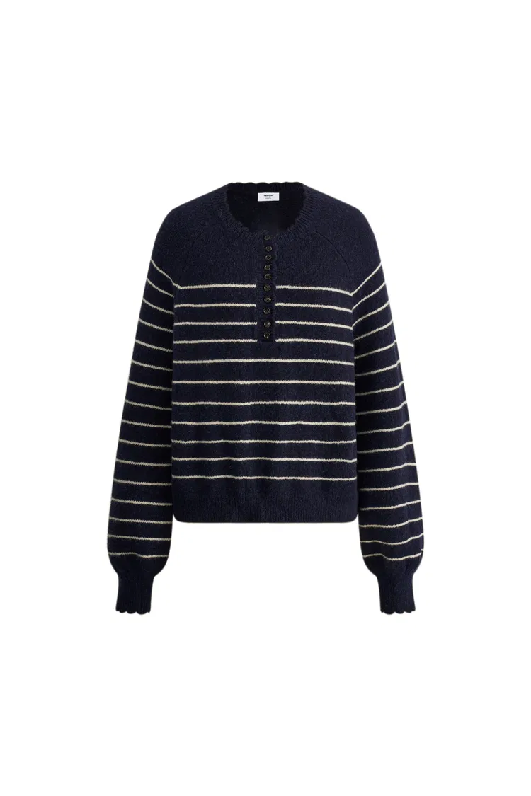 Rhea Scalloped Henley Striped Sweater in Wool-Alpaca Knit