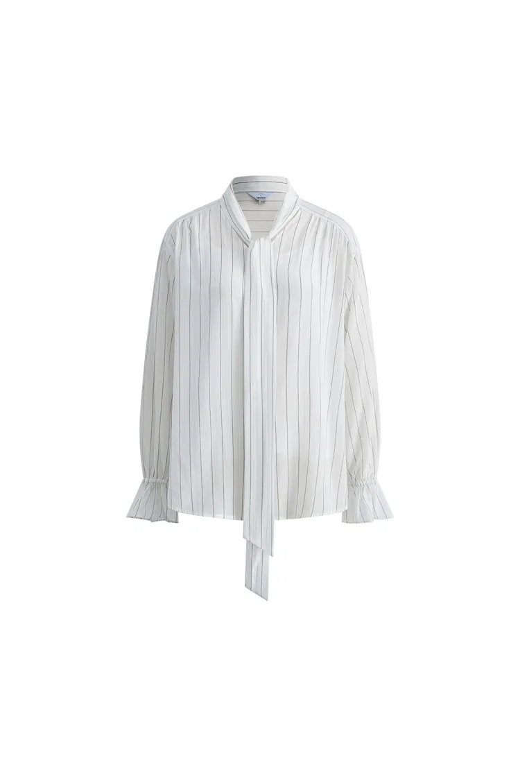 Karo Neck Tie Striped Long Sleeve Blouse in Silk Crepe