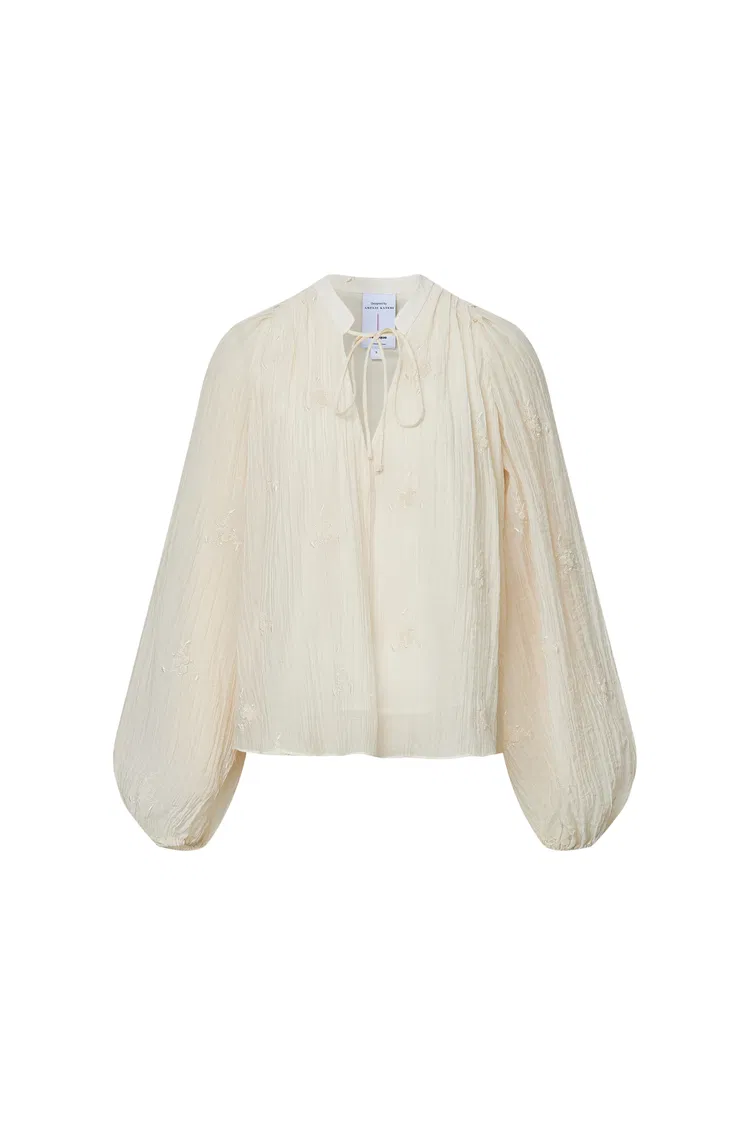 Lucienne Pleated Embroidery Blouse in Tencel Blend