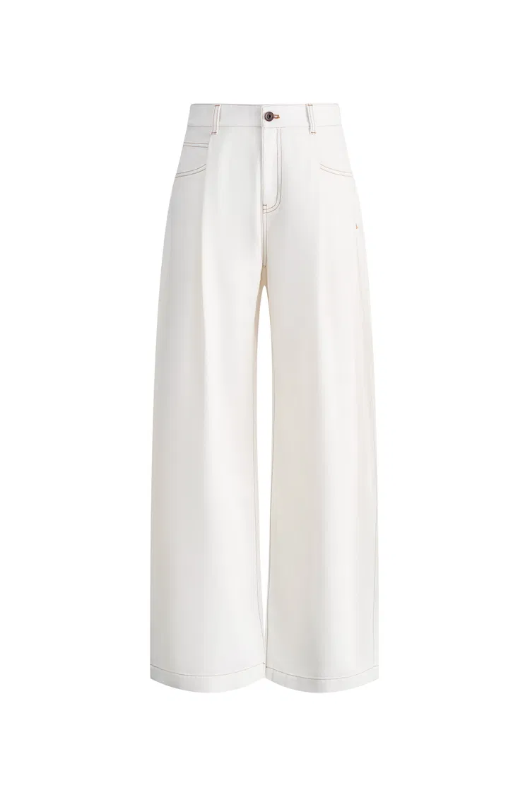 Riley Pressed Pleated Curved Wide Leg Jeans in Lyocell Denim