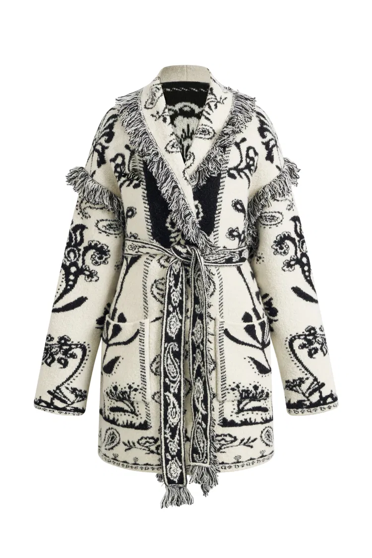 Cloe Paisley Jacquard Long Wrap Cardigan in Merino Wool Knit