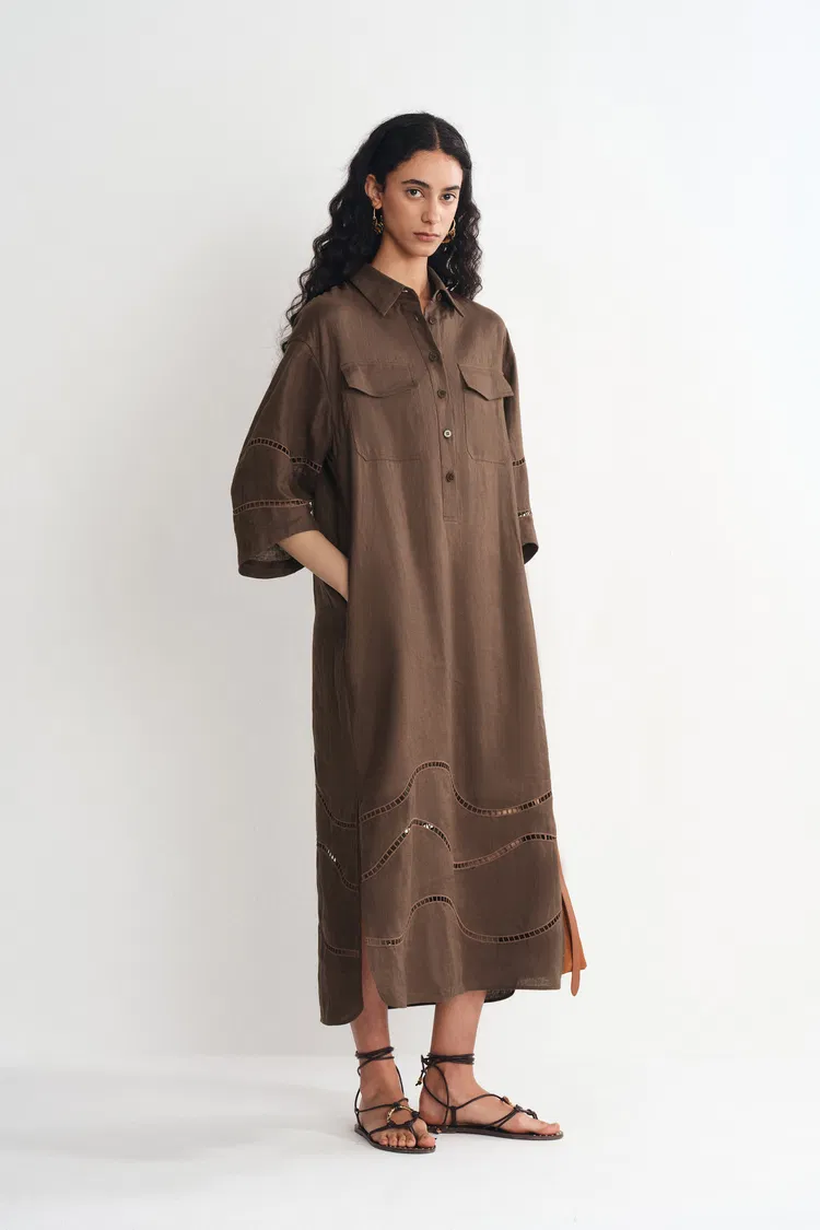 Riley Openwork Embroidery Shirt Dress in Fine Linen