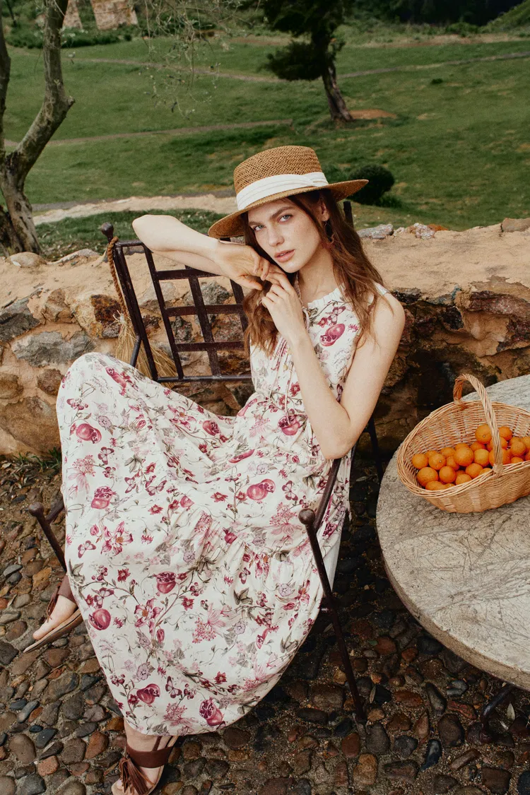 Liana Printed Pomegranate Floral Tiered Dress in Linen Blend
