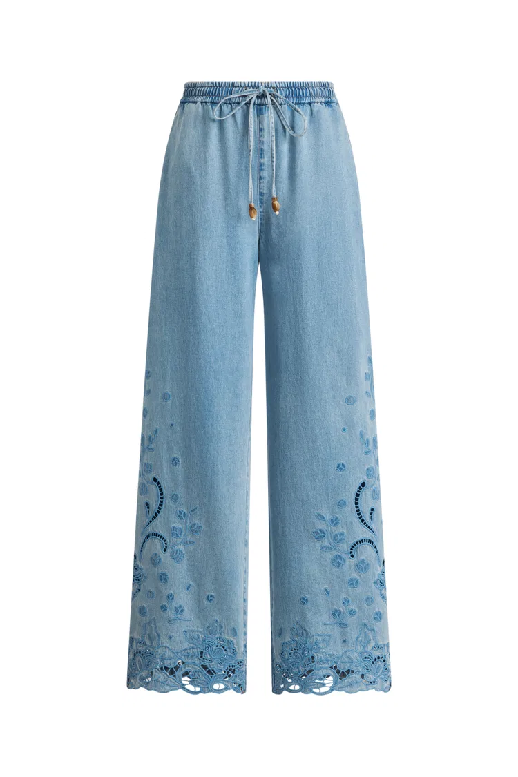 Vinetta Floral Embroidered Cut Out Jeans in Cotton-Linen Denim