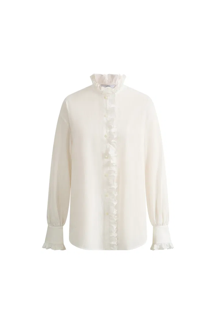 Cecilia Sand-Washed Ruffle-Trim French Blouse In Washed Cotton
