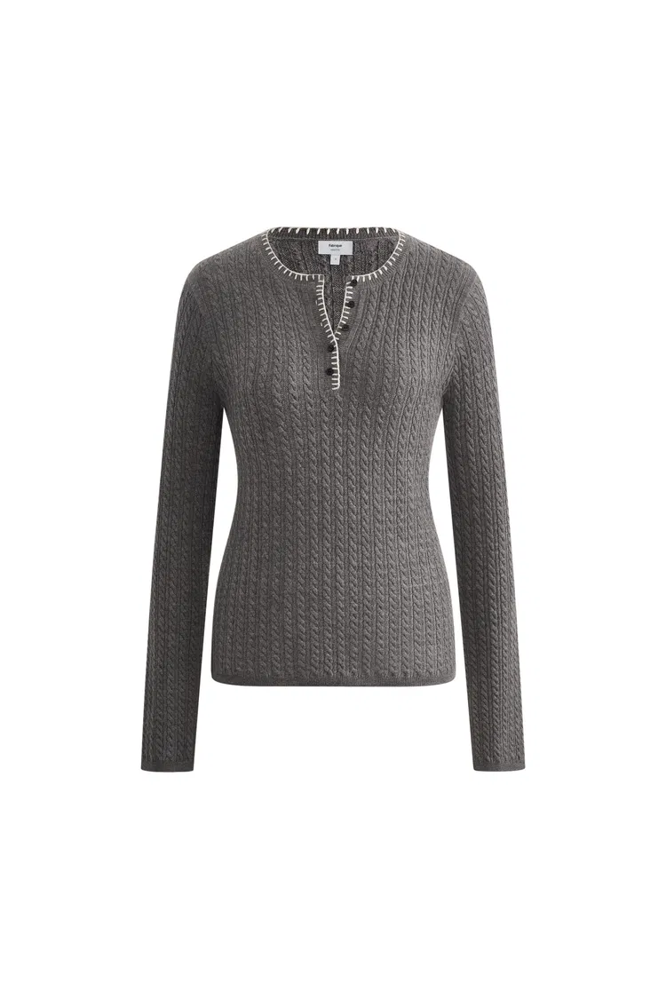 Mika Henley Neck Long Sleeve Top in Merino Wool Cable Knit