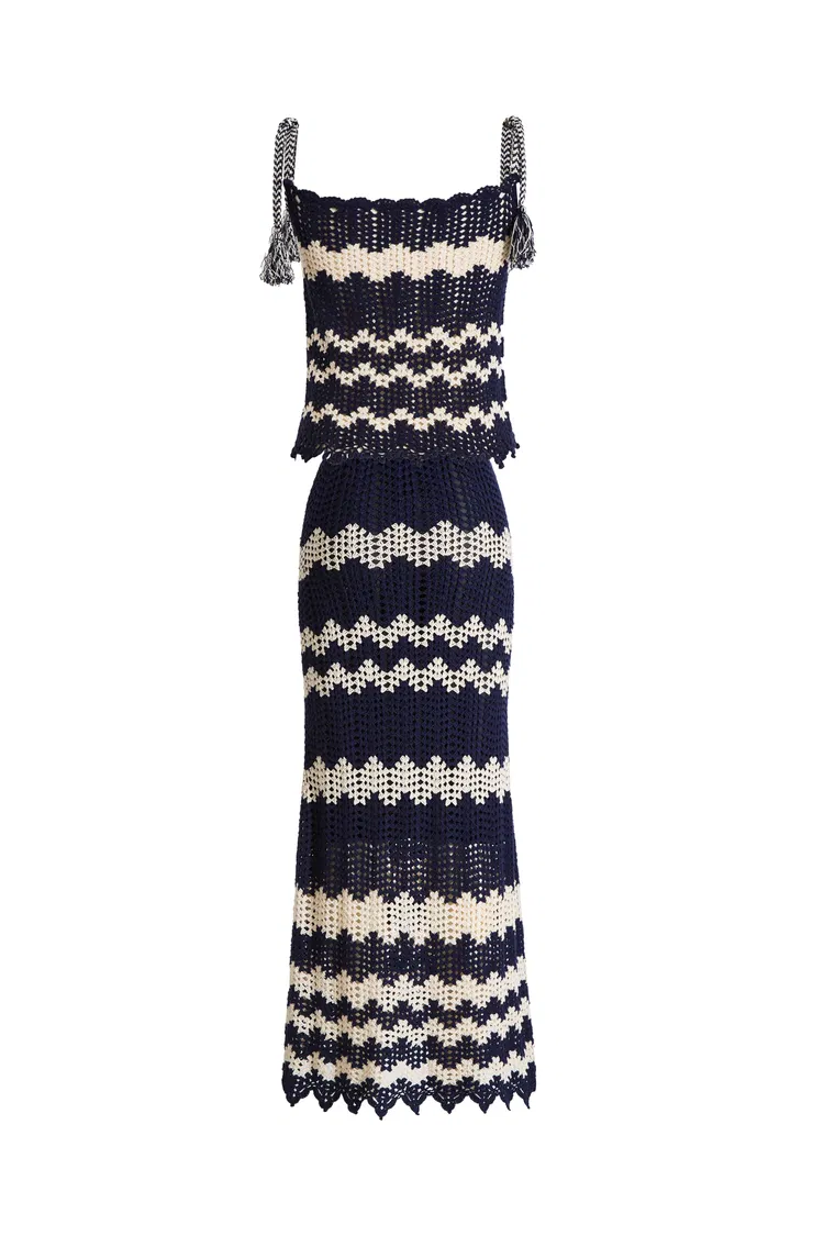 Cecilia Handcrafted Contrast Crochet Strap Sleeveless Top and Skirt Matching Set in Cotton-Linen Blend