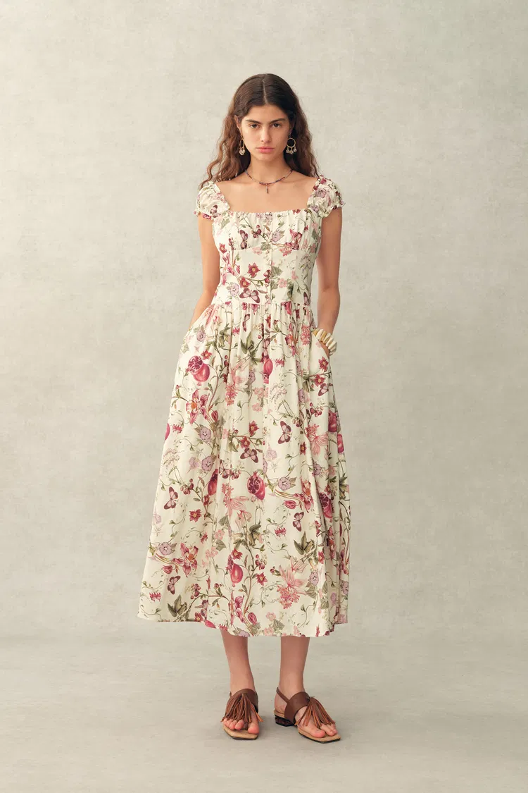 Rosalina Smocked Pomegranate Print Strap Dress in Linen Blend