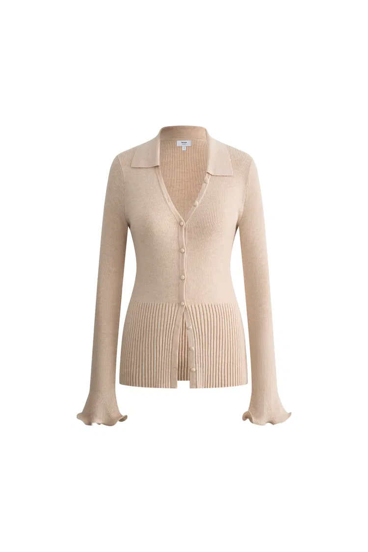 Katia Beige Wavy Cuff Fitted Collared Cardigan in Stretchy Merino Wool Cable Knit