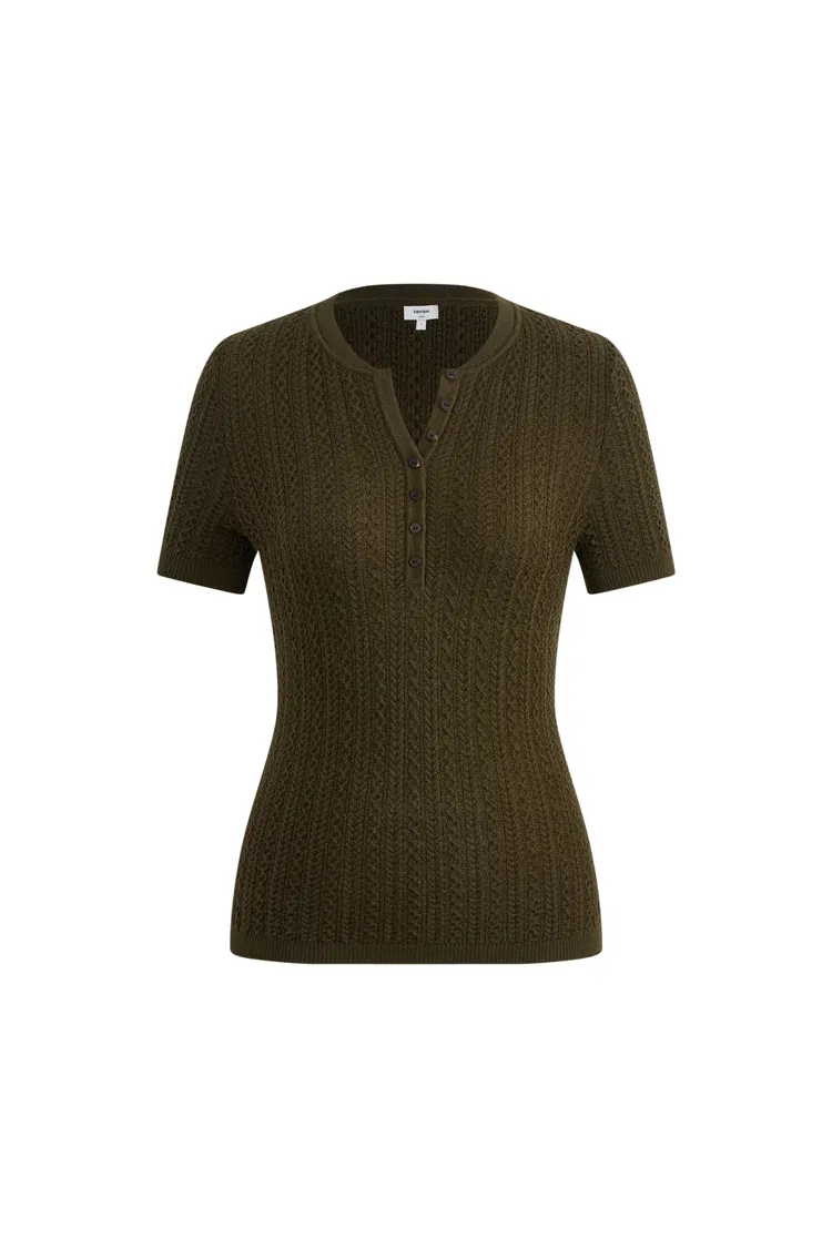 Zofia Dark Brown Henley Buttoned Top in Merino Wool