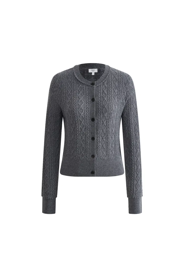 Jinji Grey Lace Trim Light Short Cardigan in Wool Cable Knit