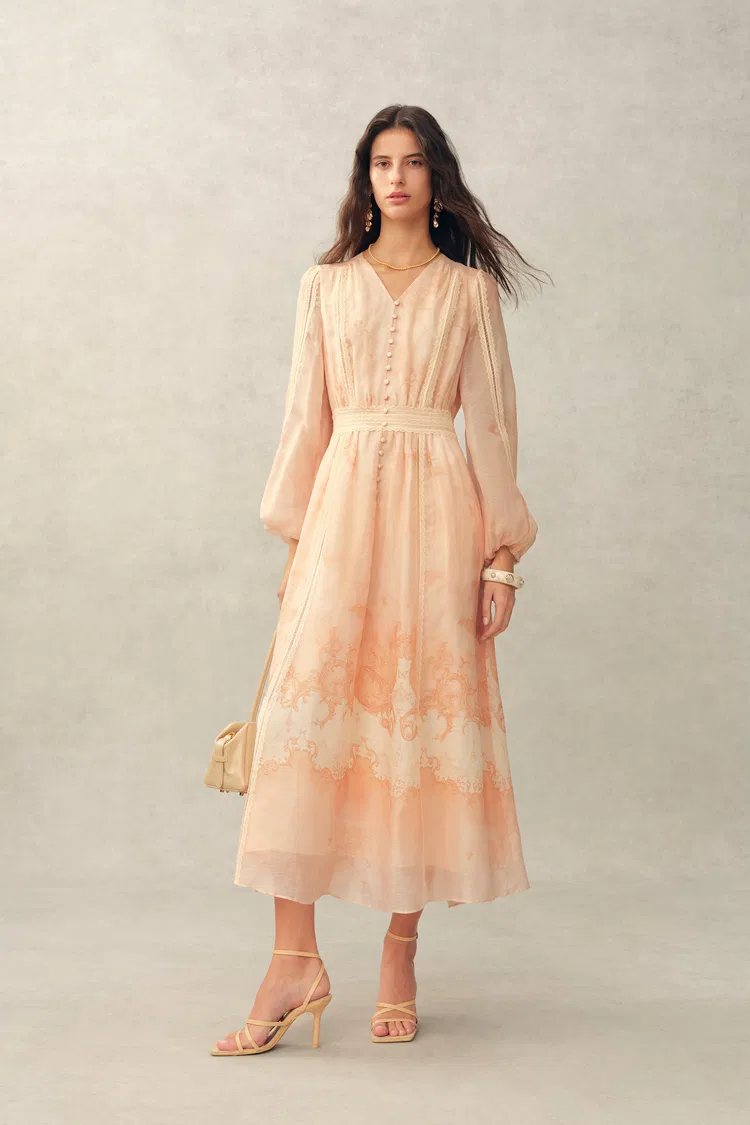 Anne Handpainted Floral Lace Dress in Silk Linen Organza