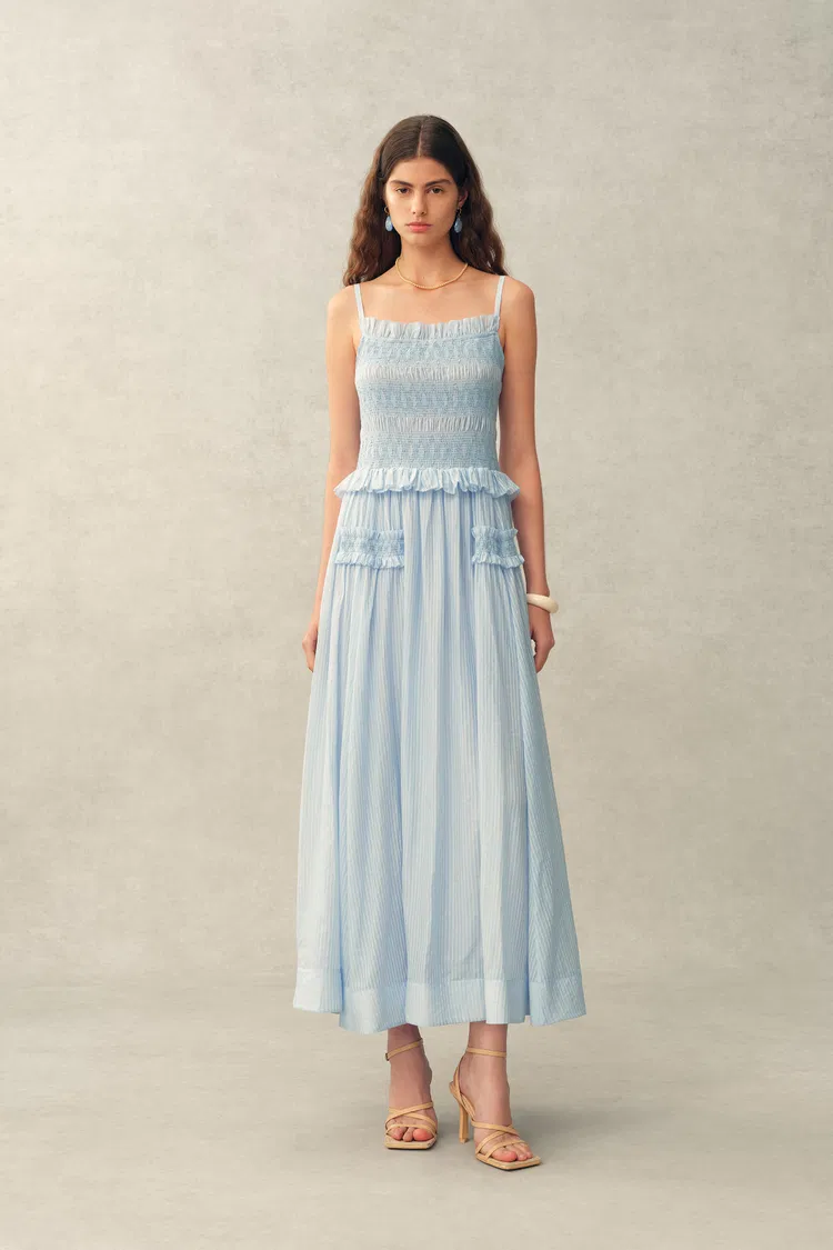 Cirra Smocked Ruffle Trim Striped Sleeveless Cami Dress in Sheer Fabric