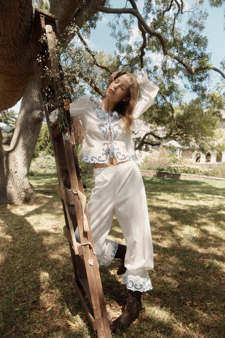 Maggie Embroidery Tie Front Sheer Blouse and Pants in Cotton Jacquard