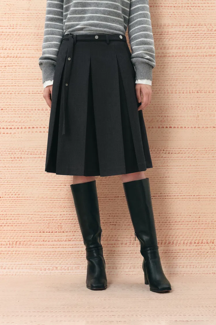 Alaia Belted Pleated Midi Skirt in Wool Blend