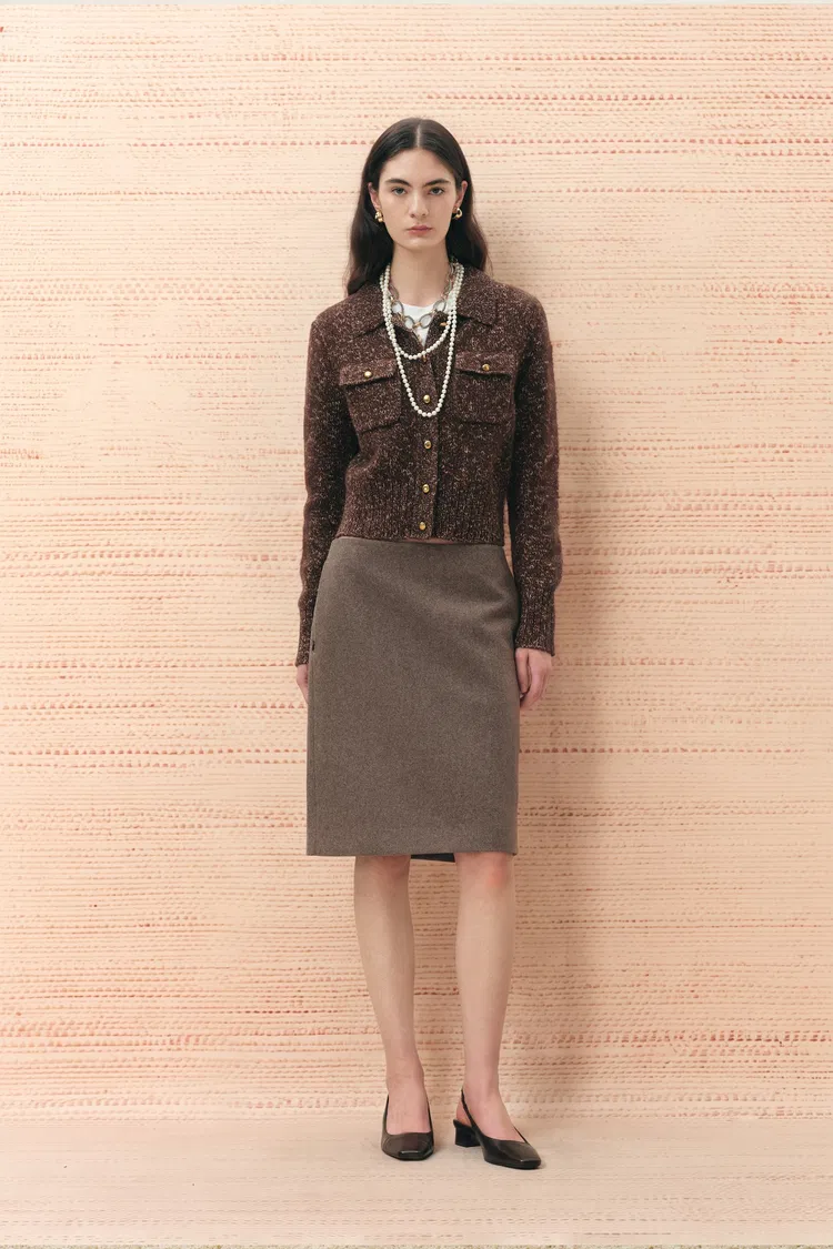 Amber Gold Tone Button Mélange Cardigan in Wool Blend