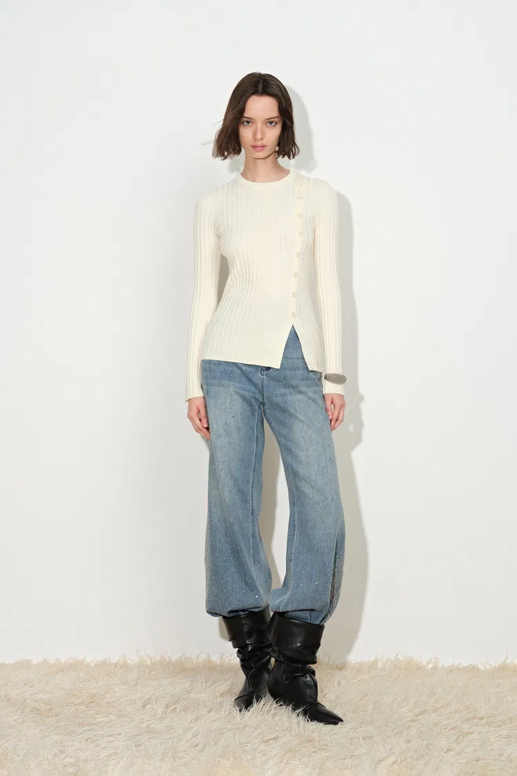 Arianna Asymmetric Buttoned Knit Top in Machine Washable Fine Wool