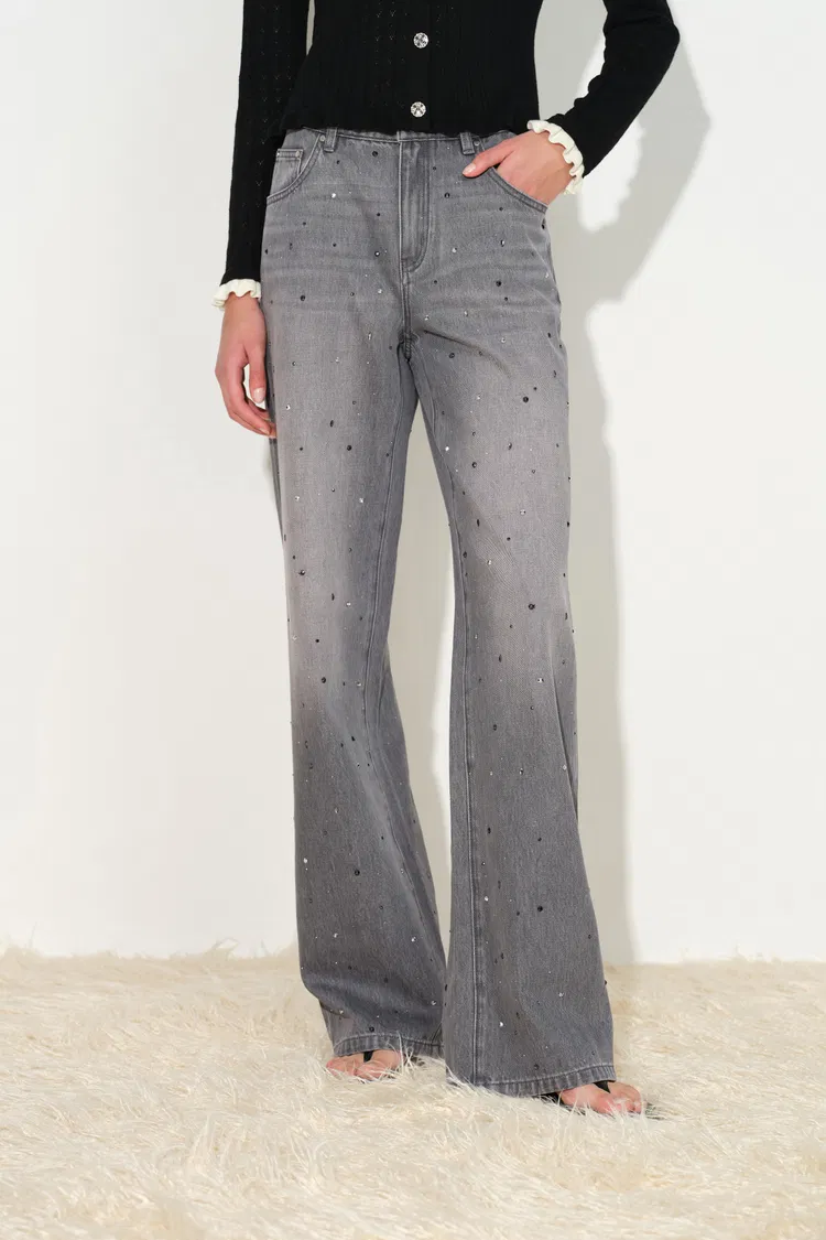 Astra Crystal Embellished Straight Leg Jeans in Cotton Denim