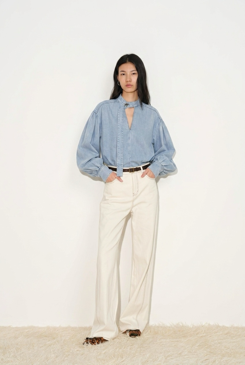Aurore Button Collar Drawstring Lantern Sleeve Blouse in Cotton