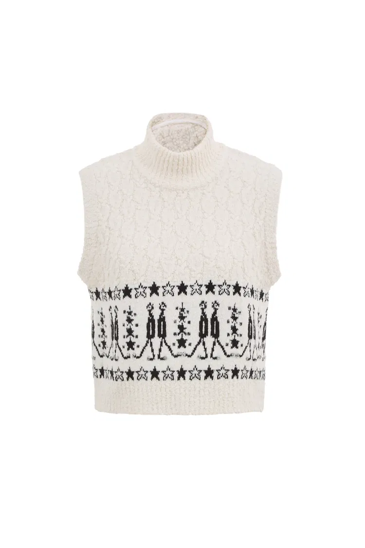 Star Walker Fair Isle Sleeveless Sweater in Wool Pom-Pom Yarn Knit