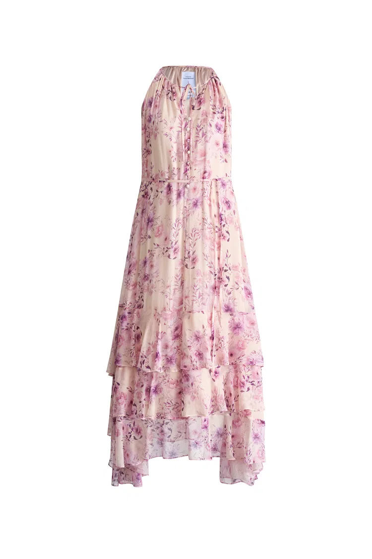 Sally Hand Painted Flora Ruffle Dress in Summer Sheer