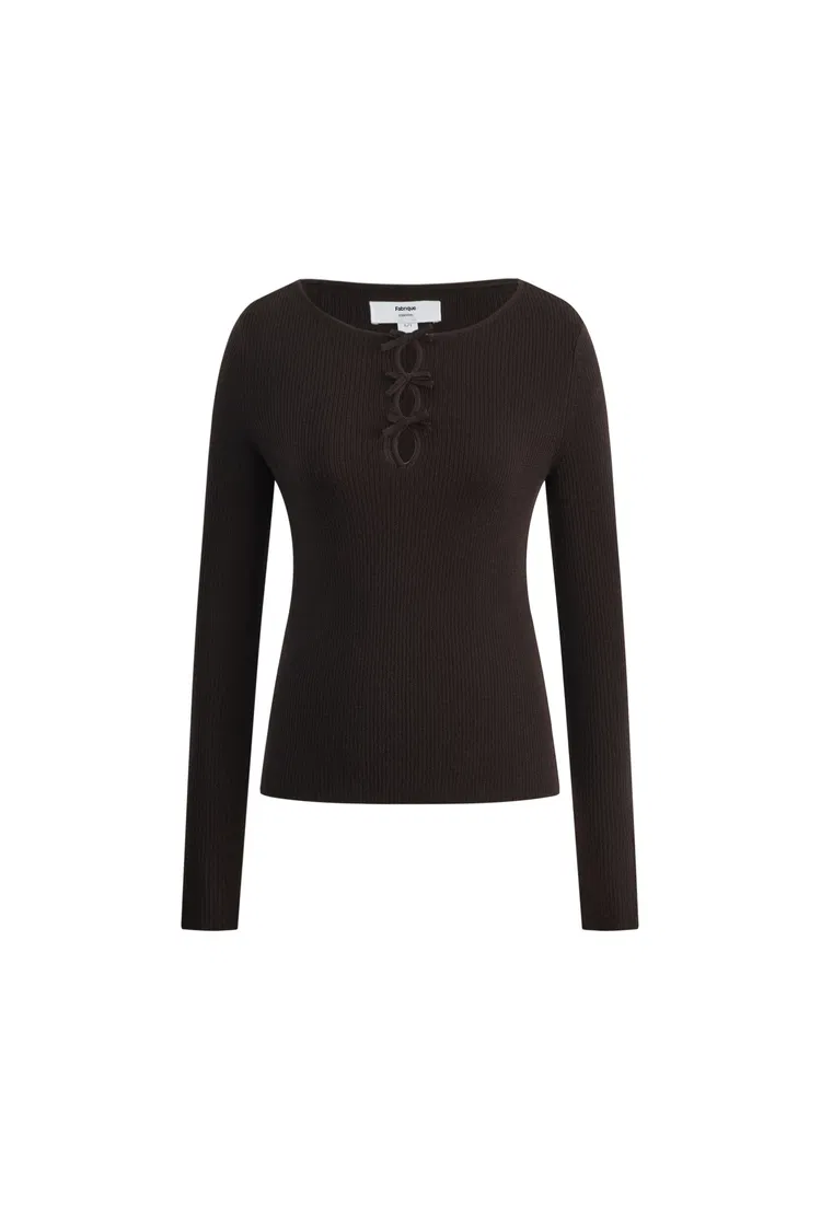 Eden Grey Bow Tie Fitted Top in Merino Wool with Stretch Knit