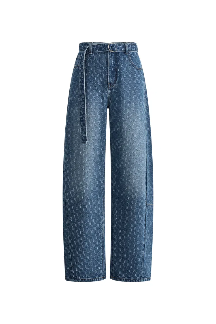 Skylar Belted Textured Gradient Jeans in Jacquard Cotton Denim