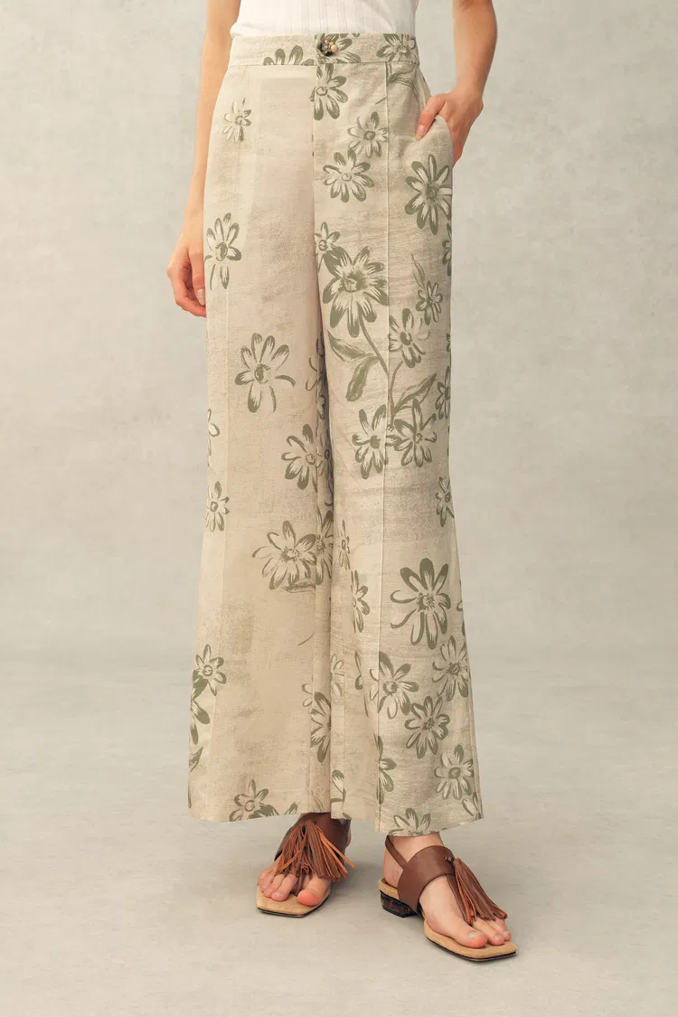 Diana Handwork Beads Crop Flare Pants in Linen Blend