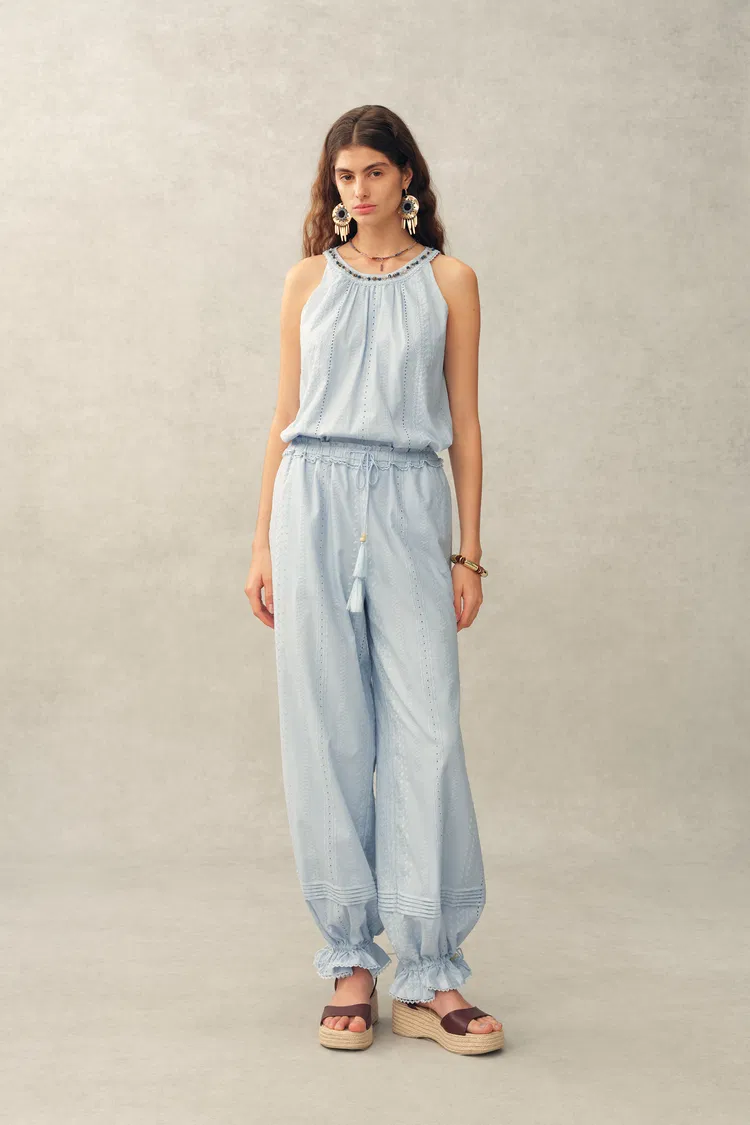 Hazel Boho Embroidery Jacquard Halterneck Sleeveless Top and Pants Set in Cotton