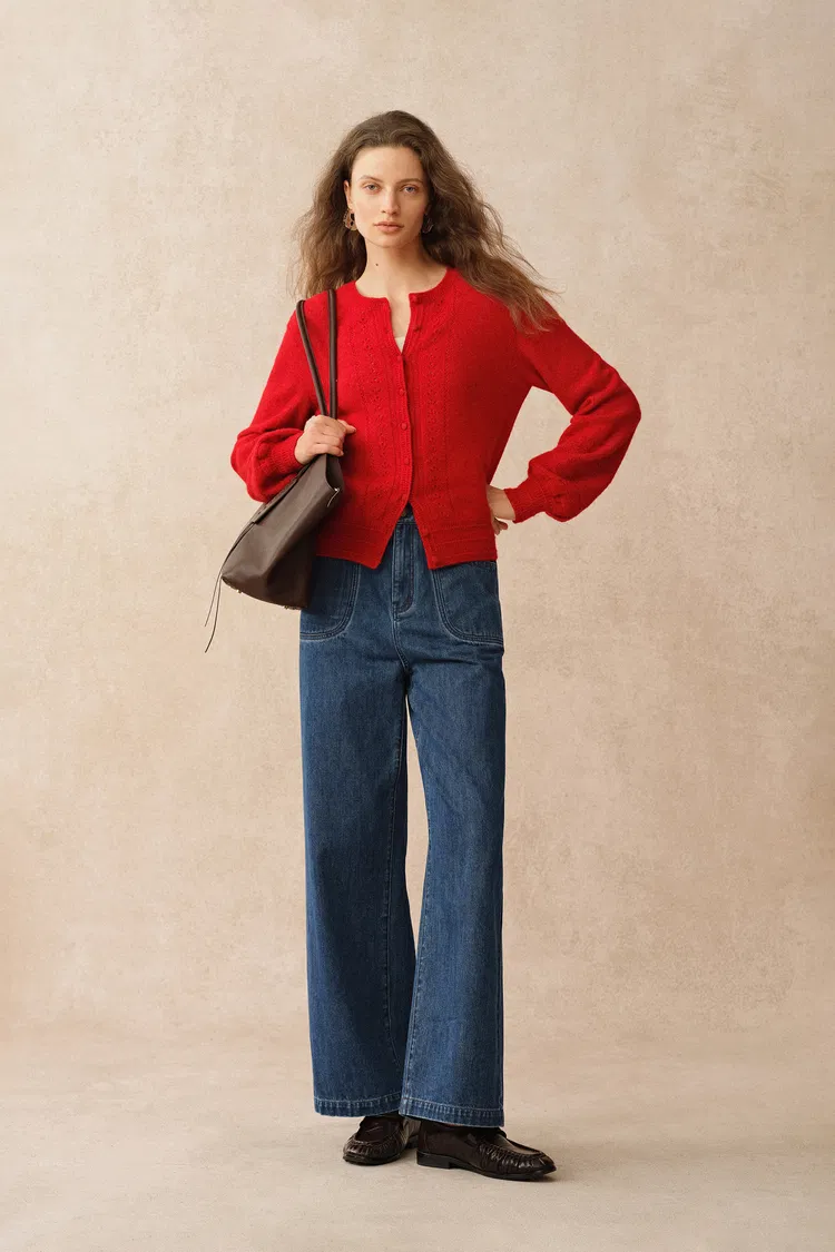 Elodie Floral Rib Hem French Cardigan in Merino Cashmere Knit