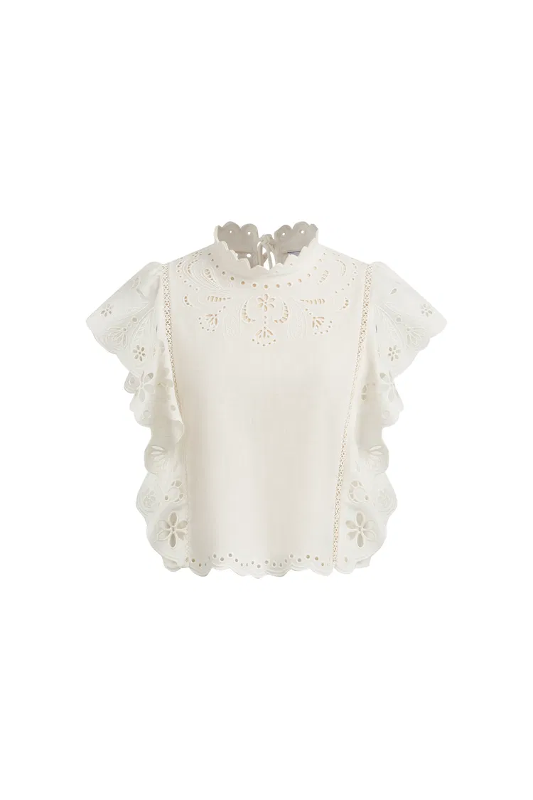 Lilou French Cutwork Embroidery Ruffle-Sleeve Top in Cotton & Linen